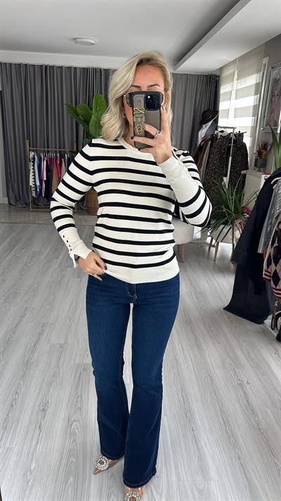 EKRU/SİYAH BİSİKLET YAKA ÇİZGİLİ KOLU DROPLU TRİKO