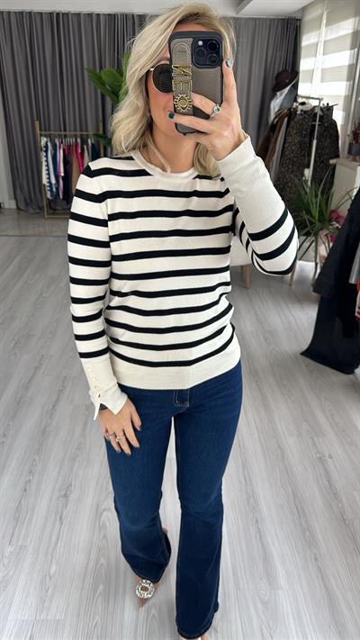 EKRU/SİYAH BİSİKLET YAKA ÇİZGİLİ KOLU DROPLU TRİKO