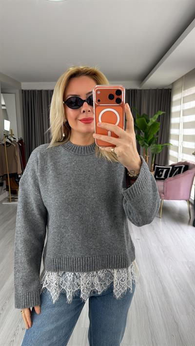 Etek Ucu Dantelli Basic Gri Triko