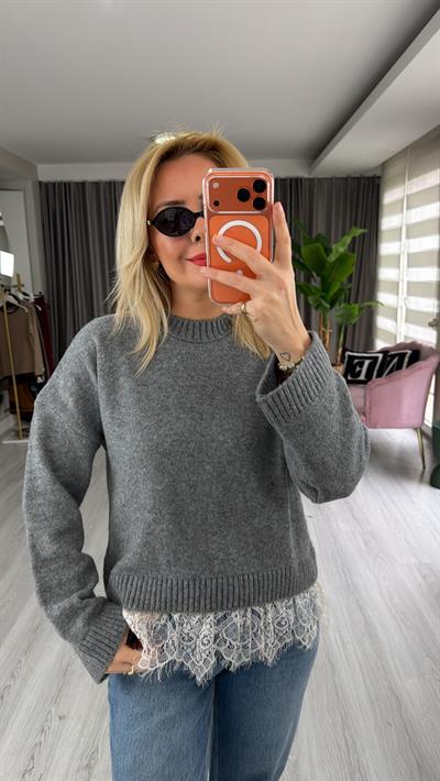 Etek Ucu Dantelli Basic Gri Triko