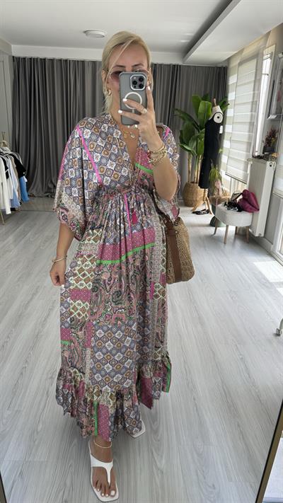 ETNİK DESEN PEMBE ELBİSE