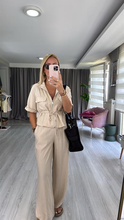 Fermuar Detaylı Bluz Pantolon Bej Takım