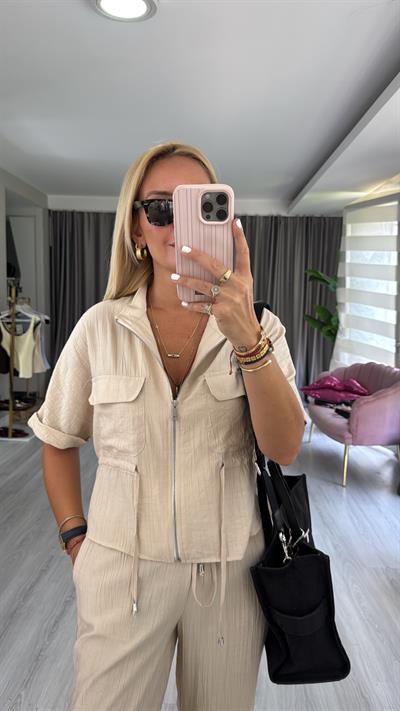 Fermuar Detaylı Bluz Pantolon Bej Takım