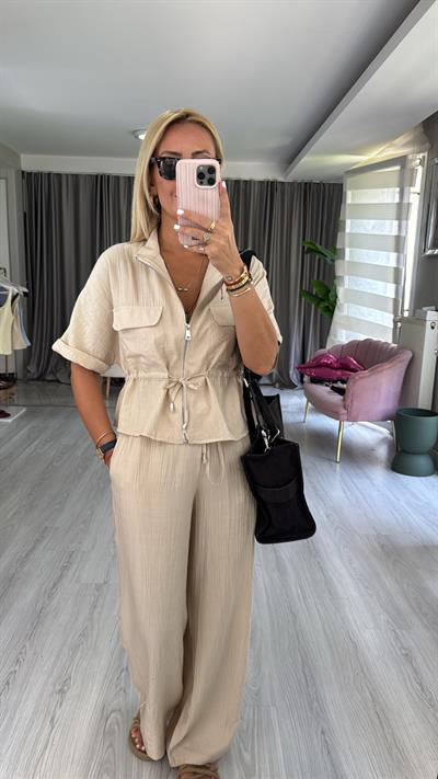Fermuar Detaylı Bluz Pantolon Bej Takım