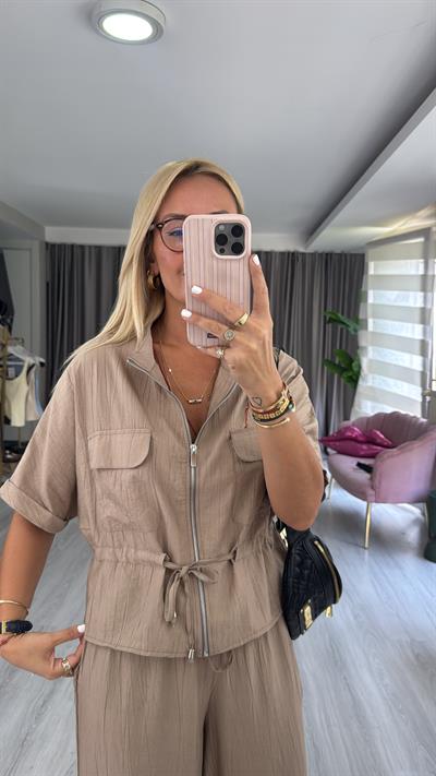 Fermuar Detaylı Bluz Pantolon Vizon Takım