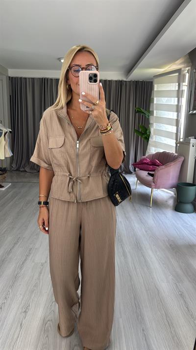 Fermuar Detaylı Bluz Pantolon Vizon Takım