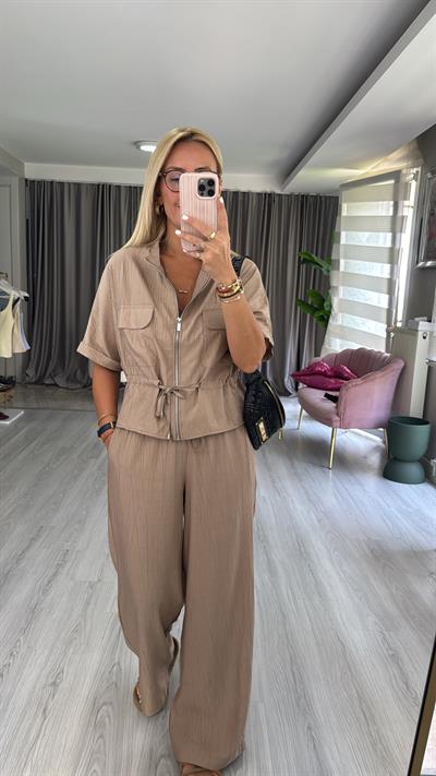 Fermuar Detaylı Bluz Pantolon Vizon Takım