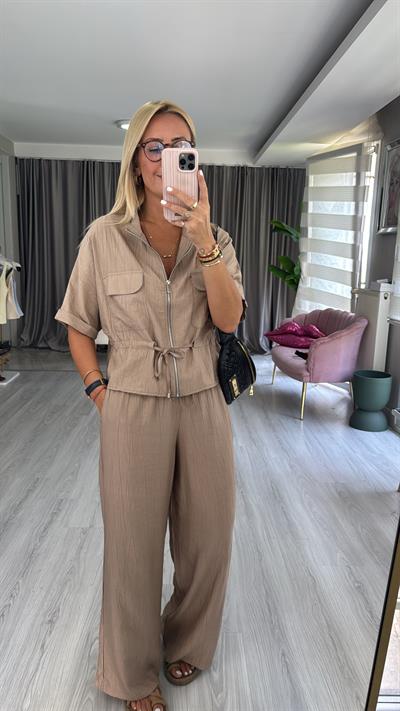 Fermuar Detaylı Bluz Pantolon Vizon Takım