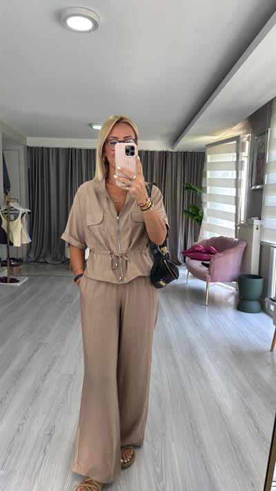 Fermuar Detaylı Bluz Pantolon Vizon Takım