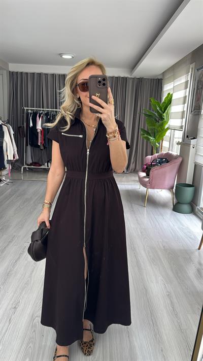 Fermuarlı Poplin Acı Kahve Elbise