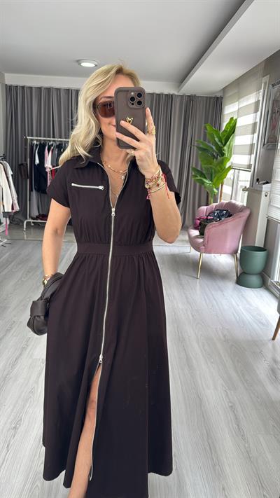 Fermuarlı Poplin Acı Kahve Elbise
