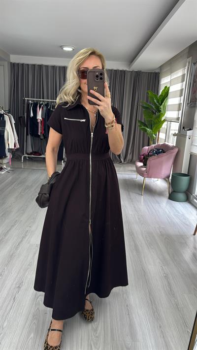 Fermuarlı Poplin Acı Kahve Elbise