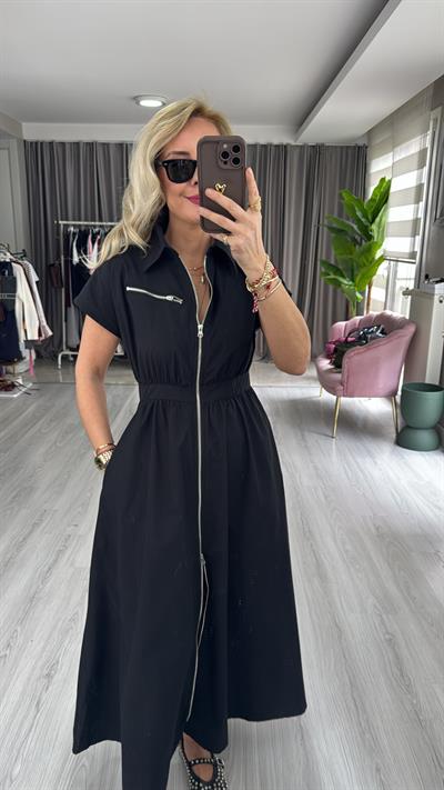 Fermuarlı Poplin Siyah Elbise