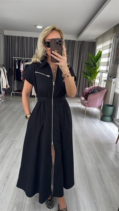 Fermuarlı Poplin Siyah Elbise