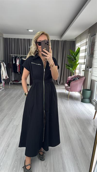 Fermuarlı Poplin Siyah Elbise