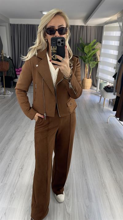 Fermuarlı Taba Süet Ceket