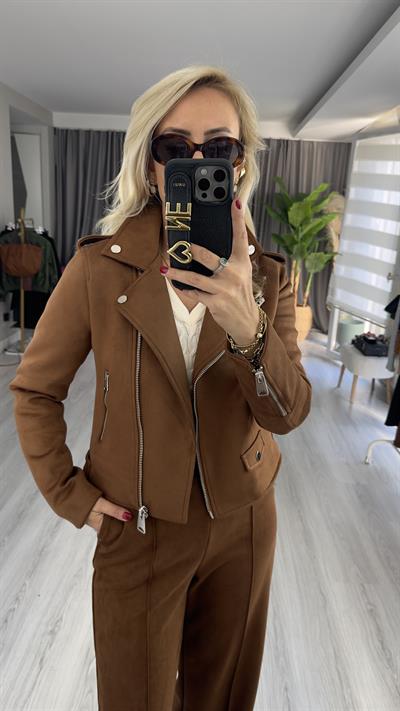 Fermuarlı Taba Süet Ceket