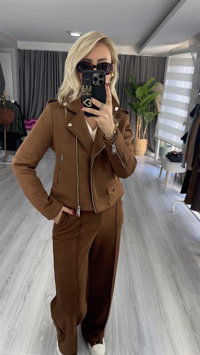 Fermuarlı Taba Süet Ceket
