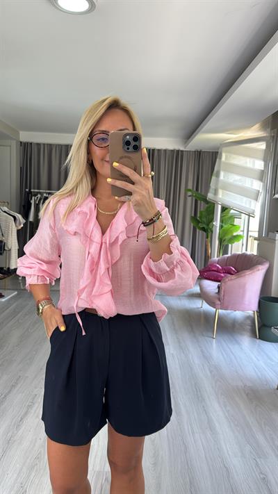 Fırfır Detaylı Pembe Tencel Gömlek