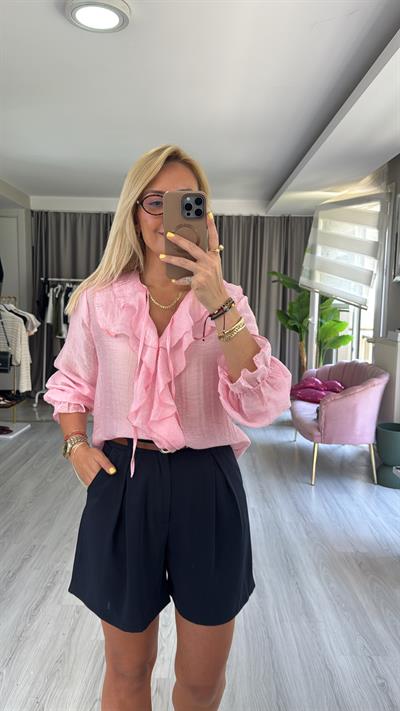Fırfır Detaylı Pembe Tencel Gömlek