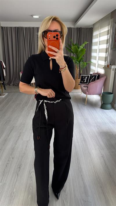 Fular Kemerli Siyah Palazzo Pantolon