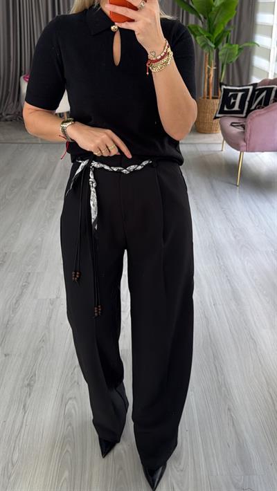 Fular Kemerli Siyah Palazzo Pantolon