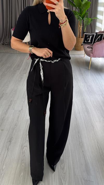Fular Kemerli Siyah Palazzo Pantolon