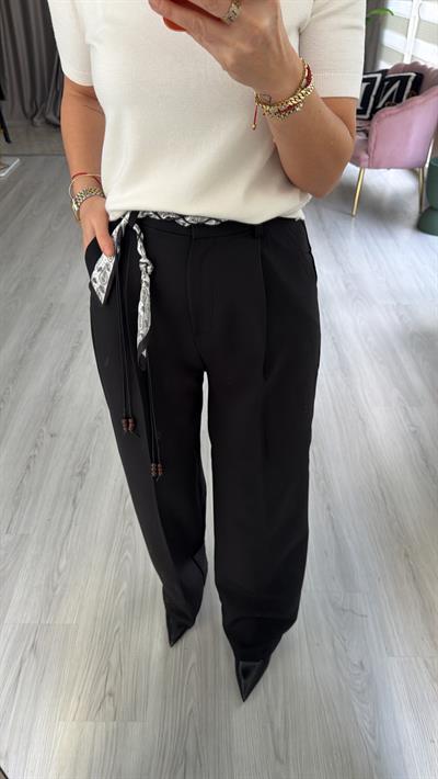 Fular Kemerli Siyah Palazzo Pantolon