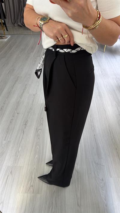 Fular Kemerli Siyah Palazzo Pantolon
