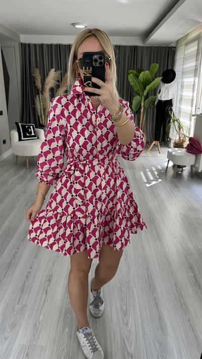 GEOMETRİK DESEN FUŞYA ELBİSE