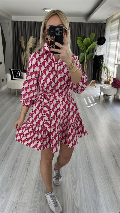 GEOMETRİK DESEN FUŞYA ELBİSE