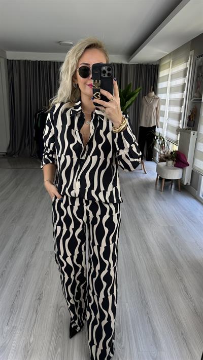 GEOMETRİK DESEN TİRİL KUMAŞ GÖMLEK PANTOLON TAKIM