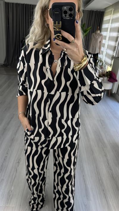 GEOMETRİK DESEN TİRİL KUMAŞ GÖMLEK PANTOLON TAKIM