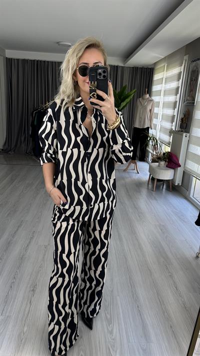 GEOMETRİK DESEN TİRİL KUMAŞ GÖMLEK PANTOLON TAKIM