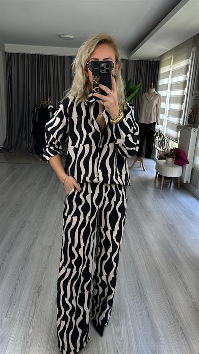 GEOMETRİK DESEN TİRİL KUMAŞ GÖMLEK PANTOLON TAKIM