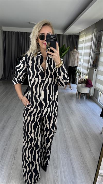 GEOMETRİK DESEN TİRİL KUMAŞ GÖMLEK PANTOLON TAKIM