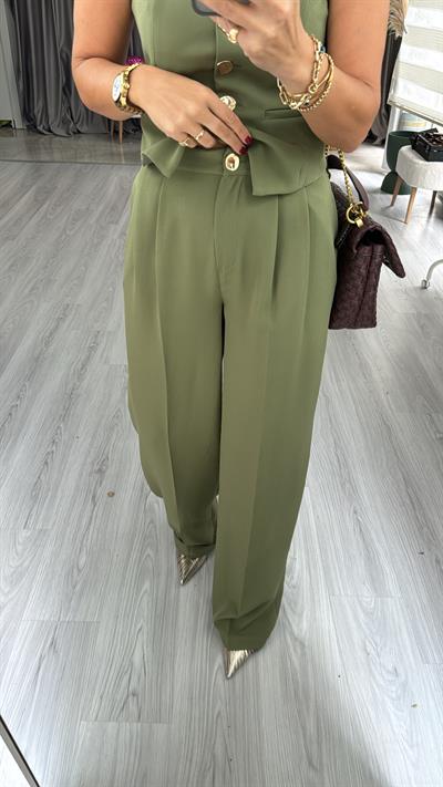 Geometrik Düğmeli Yelek Pantolon Takım / Yeşil