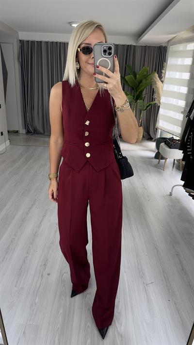 Geometrik Düğmeli Yelek Pantolon Takım / Bordo