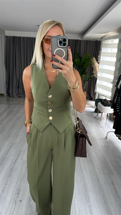 Geometrik Düğmeli Yelek Pantolon Takım / Yeşil