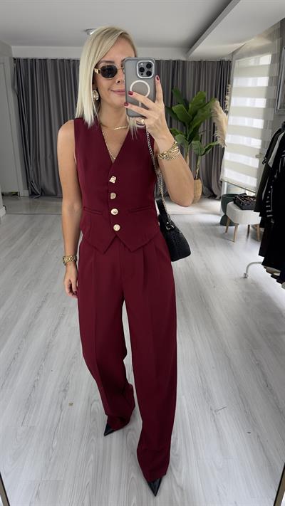 Geometrik Düğmeli Yelek Pantolon Takım / Bordo