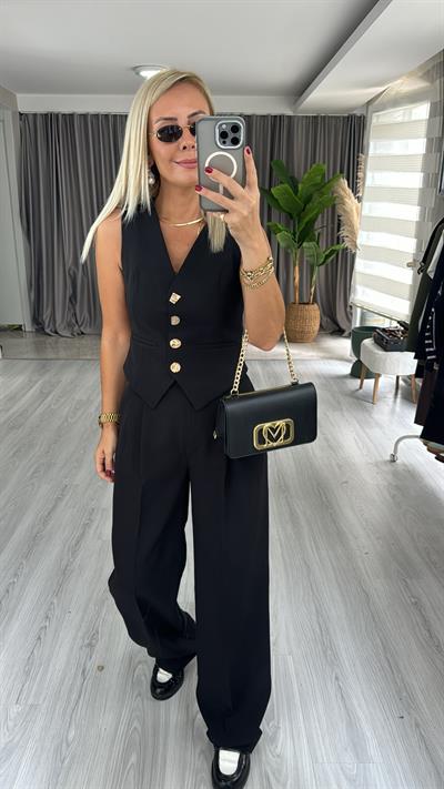 Geometrik Düğmeli Yelek Pantolon Takım / Siyah