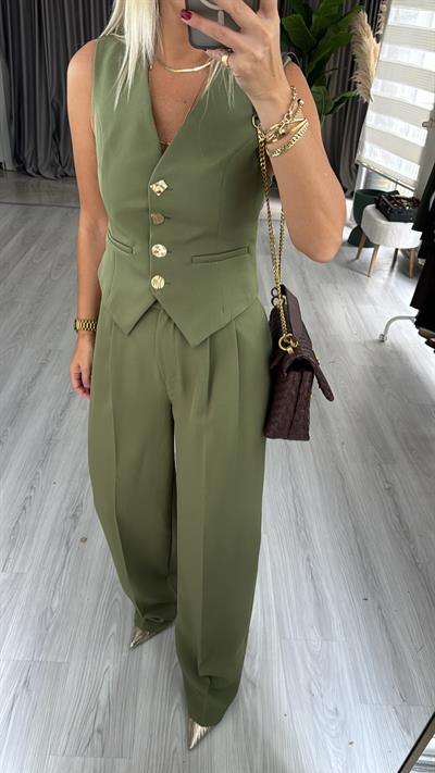 Geometrik Düğmeli Yelek Pantolon Takım / Yeşil