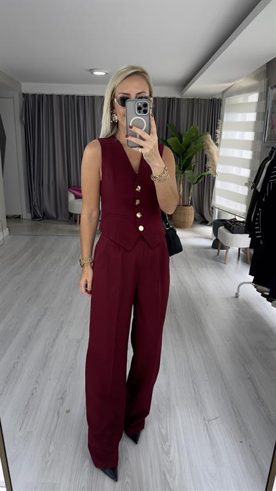 Geometrik Düğmeli Yelek Pantolon Takım / Bordo