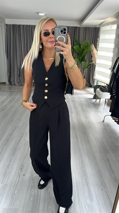 Geometrik Düğmeli Yelek Pantolon Takım / Siyah