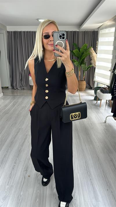 Geometrik Düğmeli Yelek Pantolon Takım / Siyah