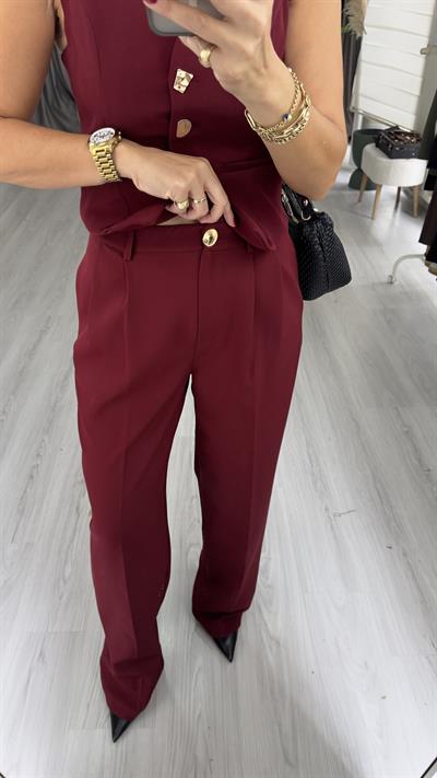 Geometrik Düğmeli Yelek Pantolon Takım / Bordo