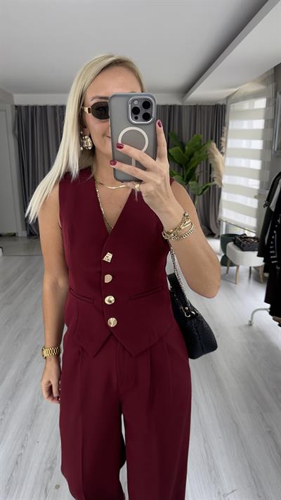 Geometrik Düğmeli Yelek Pantolon Takım / Bordo