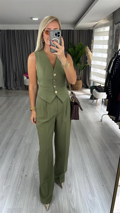 Geometrik Düğmeli Yelek Pantolon Takım / Yeşil