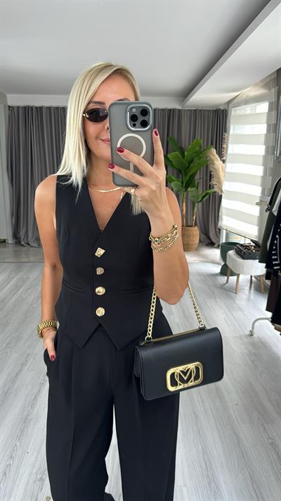 Geometrik Düğmeli Yelek Pantolon Takım / Siyah