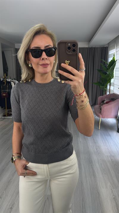 Gold Düğme Apoletli Gri Triko